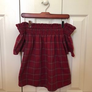 Off-the-shoulder plaid shirt